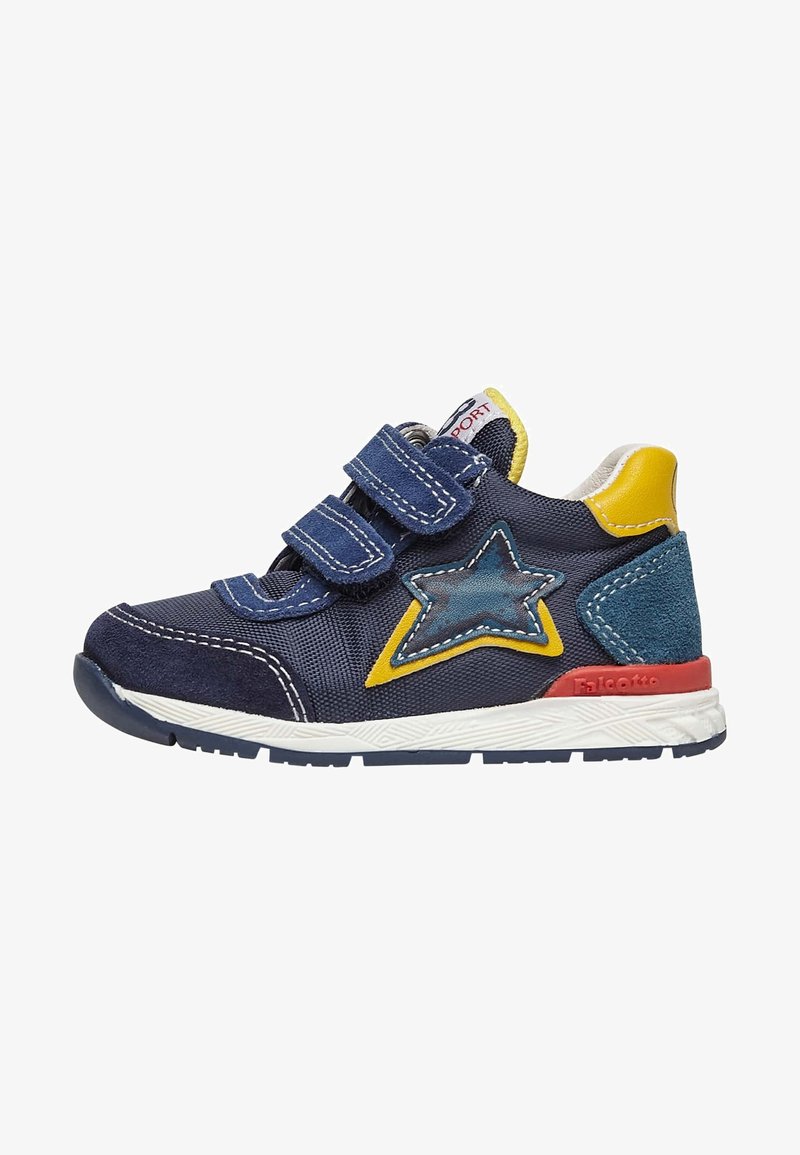Sneakers per bambini blu navy con due cinturini in velcro, accento a forma di stella sul lato, dettagli in giallo e teal, e una suola bianca testurizzata.