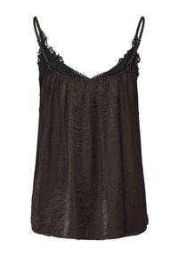 Donkerbruin cami-top met dunne verstelbare bandjes, voorzien van zwarte kant langs de halslijn en een licht gestructureerde stof.
