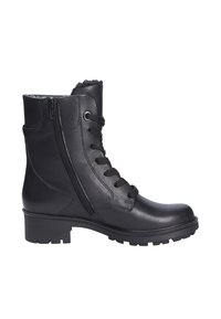 Zwarte leren enkelboot met een ronde neus, vetersluiting aan de voorkant en een zijrits. Heeft een gestructureerde zool en een lichte hak. Voering voor comfort.