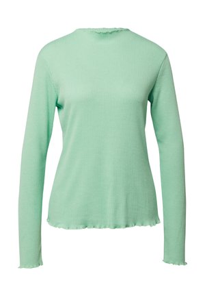 Langärmeliges, geripptes Oberteil in Minzgrün mit rundem Ausschnitt und welligem Saum. Weiche Textur mit figurbetontem Schnitt.