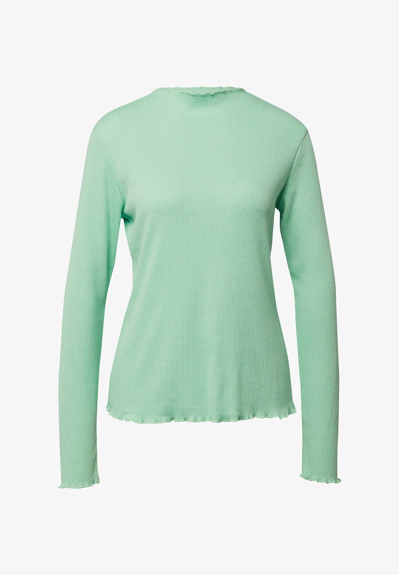 Haut à manches longues côtelé de couleur vert menthe avec un col rond et un ourlet festonné. Texture douce avec une silhouette ajustée.