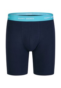 Navy katoenen boxershorts met een lichtblauwe tailleband. De tailleband heeft de tekst "HAPPY SHORTS" in het wit.