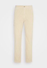 Beige cordfløyels cargo bukser med rett ben-design, som har sidelommer og en knappelukking i midjen. Teksturert stoff.
