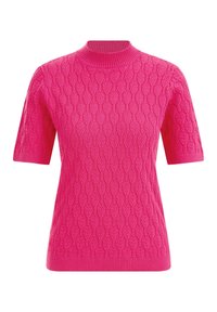 Kortärmad tröja i ljusrosa, med en ribbad hög hals och ett strukturerat kabelstickmönster över hela kroppen.