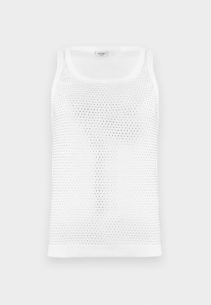 Camisola sem mangas branca em malha, com um design respirável e texturizado, decote redondo e alças largas. Sem marcas visíveis.