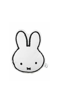 Cuscino bianco in peluche a forma di testa di coniglio, con dettagli in outline neri e caratteristiche facciali minimali; texture morbida e liscia.