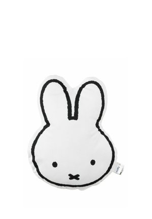 White plush pillow shaped like a rabbit's head, featuring black outline details and minimal facial features; soft and smooth texture.