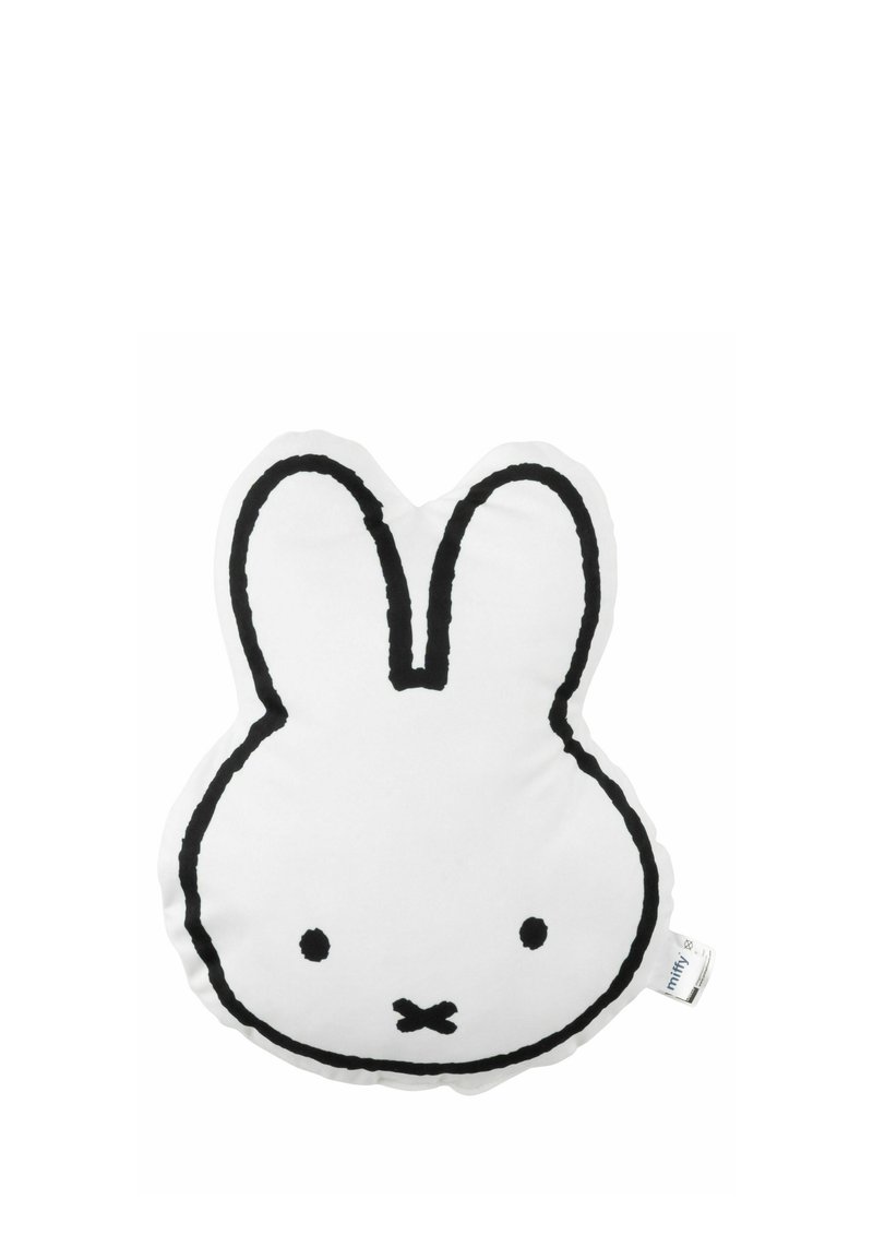 Cuscino bianco in peluche a forma di testa di coniglio, con dettagli in outline neri e caratteristiche facciali minimali; texture morbida e liscia.