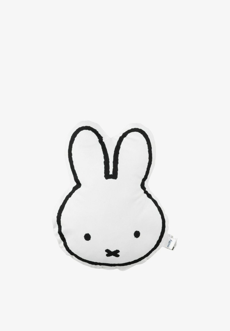 Cuscino bianco in peluche a forma di testa di coniglio, con dettagli in outline neri e caratteristiche facciali minimali; texture morbida e liscia.