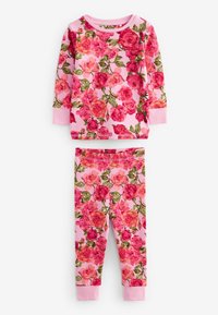 Blommönstrad rosa bomullspyjamas i set med lång ärm och byxor, med manschetter i fållen och livfulla röda och rosa rosor på en ljus bakgrund.