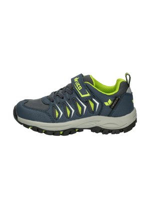 Children’s dark blue and neon green athletic shoe with Velcro strap, lace-up front, and rugged black sole for outdoor activities.