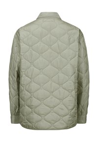 Gepolsterte Jacke aus hellgrünem Stoff, mit einem strukturierten Muster aus runden Formen und einem klassischen Kragen mit langen Ärmeln.