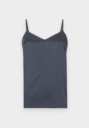 Dunkelgraues Trägertop mit verstellbaren Spaghettiträgern, V-Ausschnitt und glattem, leichtem Stoff; minimalistisches Design ohne Verzierungen.