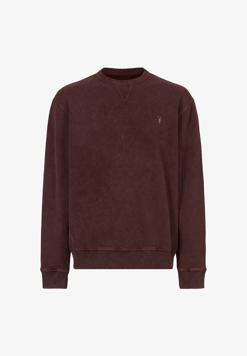 Sweat-shirt col rond brun foncé avec poignets et bas côtelés, avec un petit logo brodé sur le côté gauche de la poitrine.