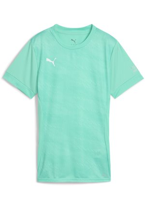 Licht mintgroen sport T-shirt gemaakt van ademend materiaal, met korte mouwen, een ronde hals en subtiele verticale strepen.