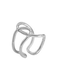 Anello aperto in argento con un design astratto intrecciato, caratterizzato da superfici lisce e lucidate e bordi arrotondati.
