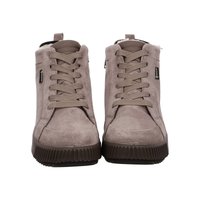Paire de baskets montantes en daim taupe avec semelles en caoutchouc marron et lacets beige, ornées d'étiquettes Gore-Tex imperméables sur les côtés.