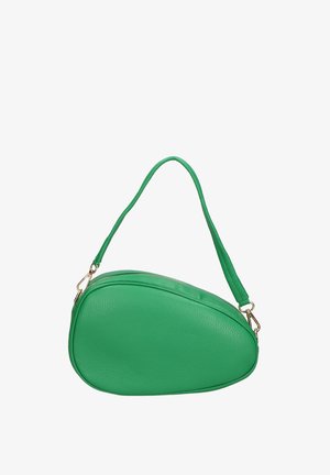 Groene leren tas met een afgeronde, ovale vorm, enkele schouderband en een gouden ritsluiting. Geheeld oppervlak met naadloos ontwerp.