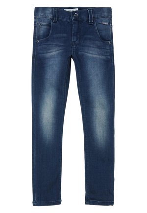 Jean slim bleu marine avec des détails délavés sur les cuisses, les poches avant, et une fermeture à bouton à la taille.