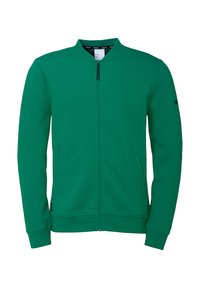Grøn zip-hoodie med en lille krave, to forlommer og ribbet manchetter. Lavet af et glat stof med et minimalistisk design.