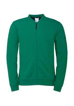 Grüner Reißverschluss-Sweatshirt mit kleinem Kragen, zwei Fronttaschen und gerippten Bündchen. Hergestellt aus einem glatten Stoff, mit einem minimalistischen Design.