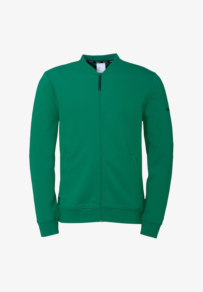 Grøn zip-hoodie med en lille krave, to forlommer og ribbet manchetter. Lavet af et glat stof med et minimalistisk design.