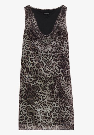 Ärmelloses Kleid mit Leopardenmuster und drapiertem Ausschnitt, aus leichtem Stoff gefertigt. Es zeigt eine Mischung aus dunklen Brauntönen und Grautönen.