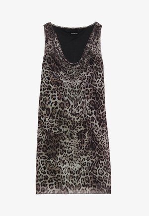Ärmelloses Kleid mit Leopardenmuster und drapiertem Ausschnitt, aus leichtem Stoff gefertigt. Es zeigt eine Mischung aus dunklen Brauntönen und Grautönen.
