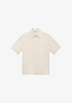 Korte mouwen overhemd met knopen in lichtbeige stof, voorzien van een kraag, een enkele borstzak en een rechte zoom met subtiele textuur.