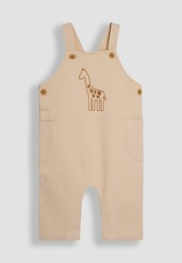 Beige katoenen overall met een gestructureerde afwerking, voorzien van knopen op de schouderbanden en een giraffe borduursel aan de voorkant. Inclusief zijzakken.