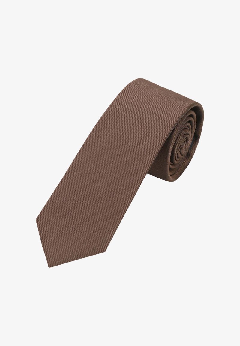 Brown tie made of textured fabric, featuring a classic narrow shape and a pointed tip. Rolled fabric design for storage.