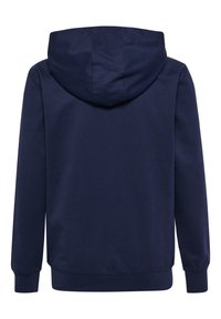 Marinefarbener Kapuzenpulli mit glatter Oberfläche, zentraler Naht, genähtem Kapuzenpanel, gerippten Bündchen und einem Saum auf Taillenhöhe.