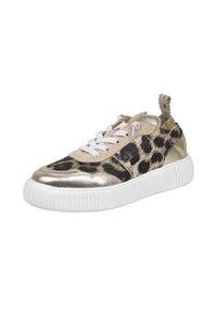 Metallic gold und Leopardmuster Sneaker mit weißen Schnürsenkeln, strukturiertem Lederoberteil und kontrastierender weißer Gummisohle. Strukturierter Rückenzug.