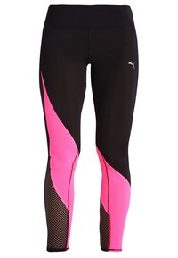 Czarne legginsy sportowe z różowym panelem bocznym i siateczkowym wykończeniem. Wykonane z elastycznego materiału, z wysokim stanem i dopasowanym krojem.