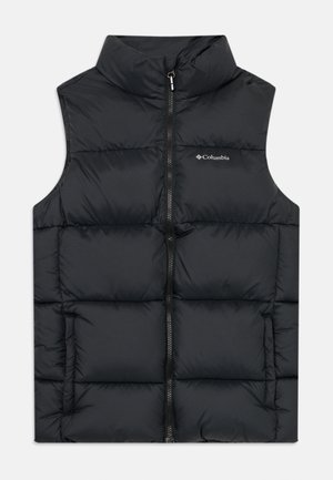 Schwarze Pufferweste mit hohem Kragen, Reißverschluss vorne und gestepptem Textil. Mit Columbia-Logo auf der Brust. Weiches, gepolstertes Material.