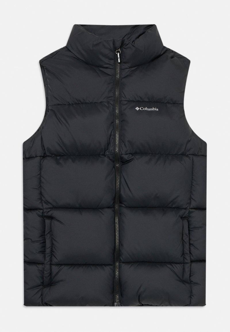 Schwarze Pufferweste mit hohem Kragen, Reißverschluss vorne und gestepptem Textil. Mit Columbia-Logo auf der Brust. Weiches, gepolstertes Material.