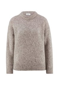 Hellbrauner gestrickter Pullover, Rundhalsausschnitt, lange Ärmel, weiche Textur, gerippte Bündchen und Saum, lässige Passform, minimales Etikett auf der Rückseite.