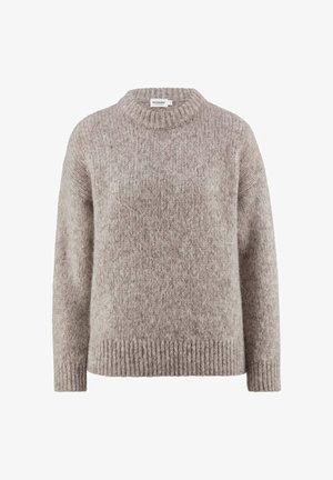 Light brown knitted sweater, crew neck, long sleeves, soft texture, ribbed cuffs and hem, casual fit, minimal label detail on back.