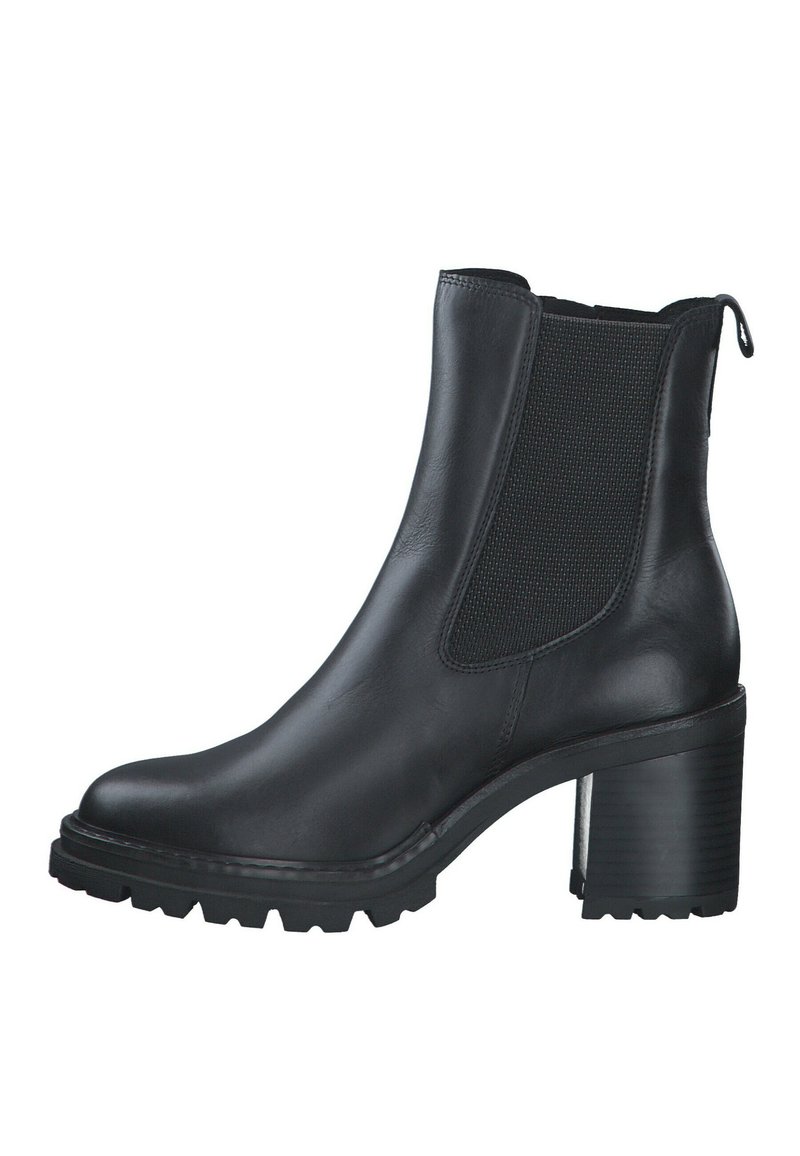 Black leather ankle boot with elastic side panels, chunky heel, and textured sole. Smooth finish with minimal stitching details.