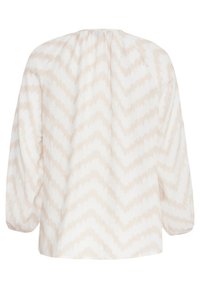 Lightweight white blouse with a chevron pattern in soft beige. Features a round neckline and long, tapered sleeves. Textured fabric.