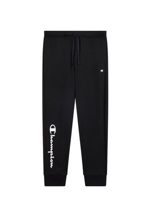 Zwarte trainingsbroek met een taillekoord, elastische boorden en een groot wit "Champion"-logo op het linkerbeen. Gemaakt van een zachte katoenmengeling.
