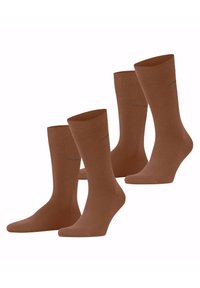 Braune Baumwollsocken, knöchellang, mit glatter Textur. Verfügen über dezente Markenkennzeichnung und ein klassisches Design. Vier Paar sind im Paket enthalten.