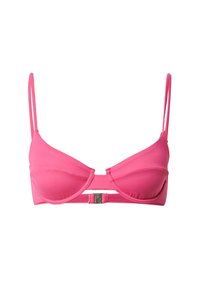Rosa Bikini-Oberteil aus glattem Stoff, mit Unterbruststützen, verstellbaren Trägern und einem Metallverschluss auf der Rückseite. Einfaches Design.