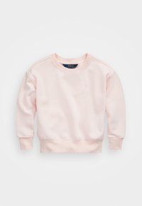 Sudadera de color rosa claro con cuello y puños acanalados. Tejido suave, corte relajado, con un pequeño logo en el pecho. Diseño clásico.
