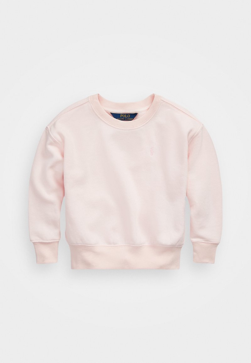 Sudadera de color rosa claro con cuello y puños acanalados. Tejido suave, corte relajado, con un pequeño logo en el pecho. Diseño clásico.
