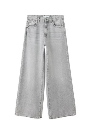 Jean en denim gris clair à jambes larges avec poches avant, passants de ceinture, bouton et fermeture éclair.