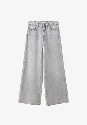 Jean en denim gris clair à jambes larges avec poches avant, passants de ceinture, bouton et fermeture éclair.