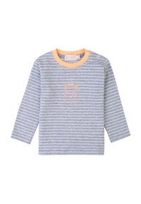 Maglietta a maniche lunghe grigia a righe con colletto arancione. Presenta un piccolo ricamo di una faccia animale sul petto. Materiale in cotone morbido.