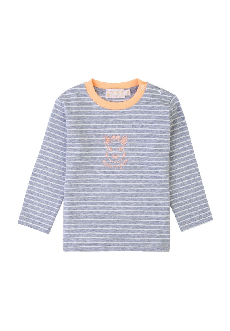 Maglietta a maniche lunghe grigia a righe con colletto arancione. Presenta un piccolo ricamo di una faccia animale sul petto. Materiale in cotone morbido.