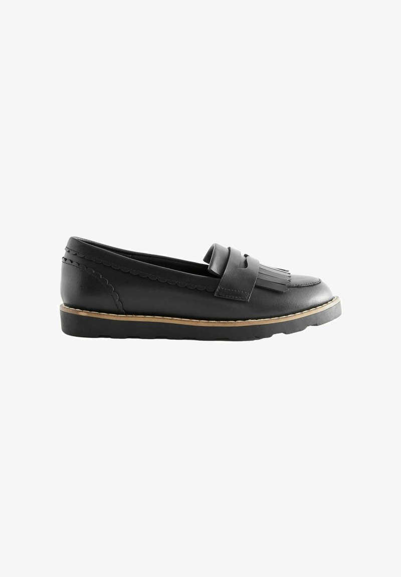 Black leather loafers with a rounded toe, fringed detailing on the front, scalloped stitching, and a contrasting light-brown sole.